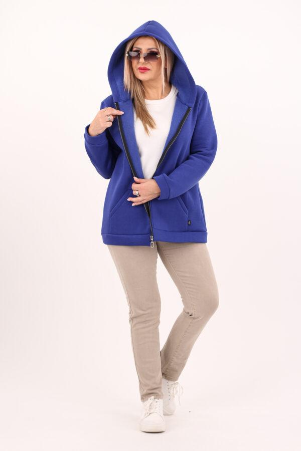 Bluza dla puszystych kobiet plus size rozpinana z kapturem chabrowa