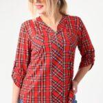 Bluzka z kieszeniami czerwono-czarna w kratkę