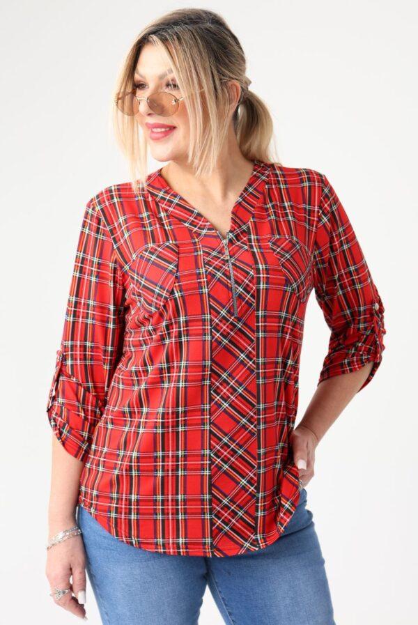 Bluzka z kieszeniami czerwono-czarna w kratkę