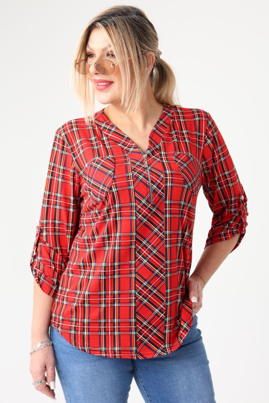 Bluzka z kieszeniami czerwono-czarna w kratkę
