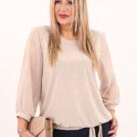 Błyszcząca bluzka z wiązaniem beżowa