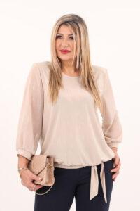 Błyszcząca bluzka z wiązaniem beżowa