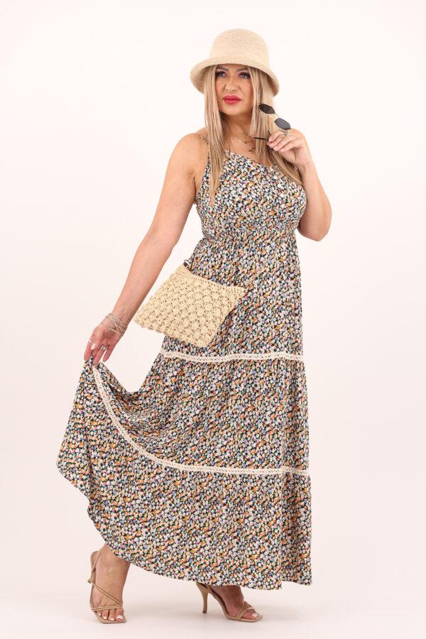 Czarno-żółta sukienka w kwiaty na ramiączkach