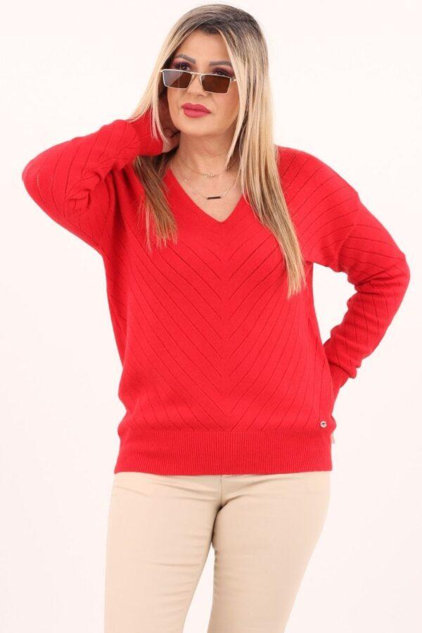 Czerwony sweter damski ażurowy