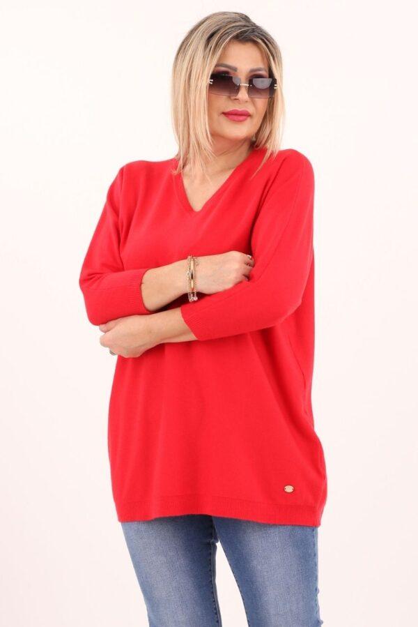 Czerwony sweter w serek damski