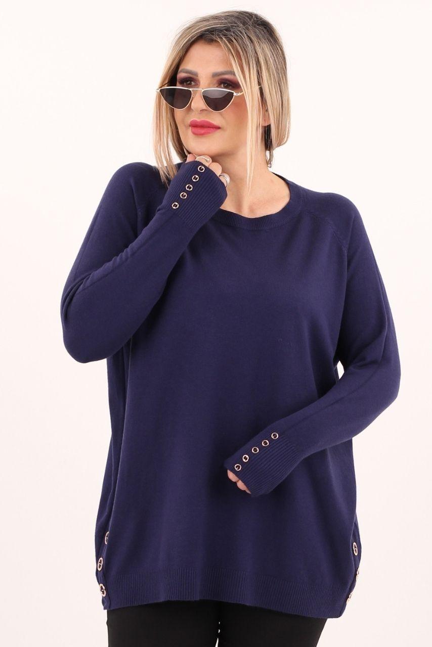 Granatowy sweter damski z ozdobnymi guzikami