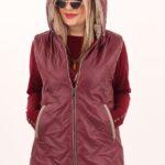 Bordowy bezrękawnik damski z kapturem plus size 40-48, pikowana kamizelka w dużych rozmiarach