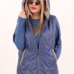 Niebieski bezrękawnik damski z kapturem plus size 40-48, pikowana kamizelka w dużych rozmiarach