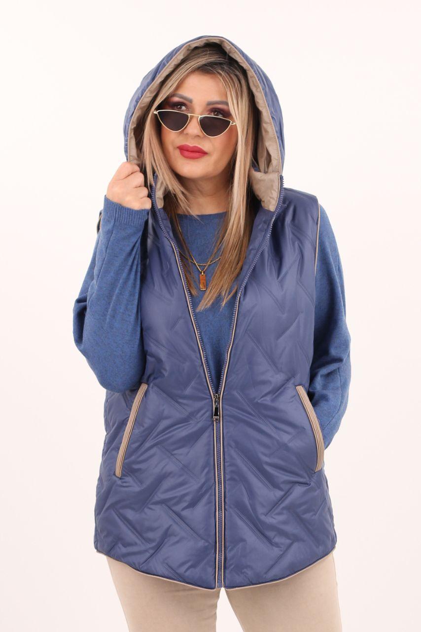 Niebieski bezrękawnik damski z kapturem plus size 40-48, pikowana kamizelka w dużych rozmiarach