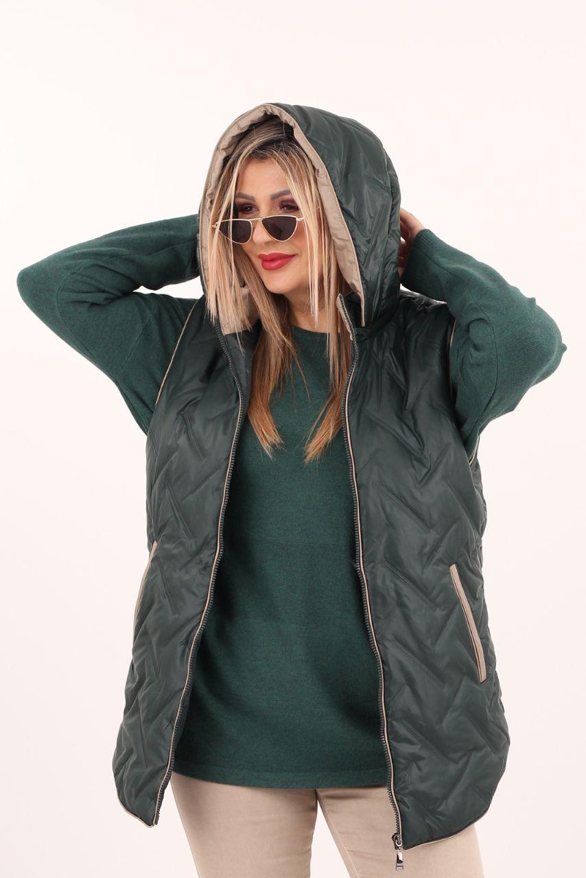 Zielony bezrękawnik damski z kapturem plus size 40-48, pikowana kamizelka w dużych rozmiarach