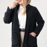 Kardigan czarny damski z kieszeniami i lamówką