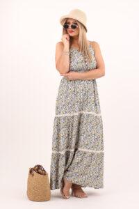 Niebiesko-żółta sukienka w kwiaty na ramiączkach