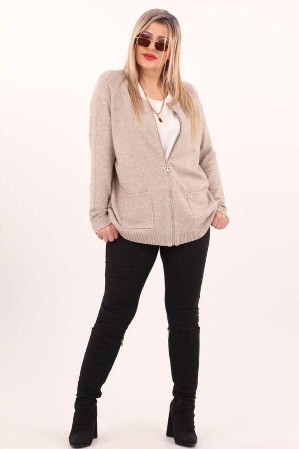 sweter rozpinany plus size w kolorze beżowym