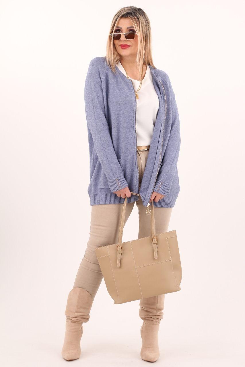 sweter rozpinany plus size w kolorze jeansowym