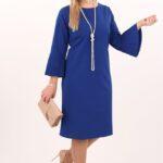 Sukienka koktajlowa midi plus size chabrowa w rozmiarach 44-54 z plisowanymi rękawami, elegancka sukienka dla puszystych, sukienka XXL