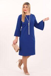 Sukienka koktajlowa midi plus size chabrowa w rozmiarach 44-54 z plisowanymi rękawami, elegancka sukienka dla puszystych, sukienka XXL