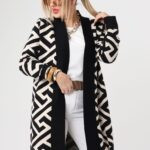 Długi damski kardigan beżowo-czarny