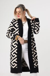 Długi damski kardigan beżowo-czarny