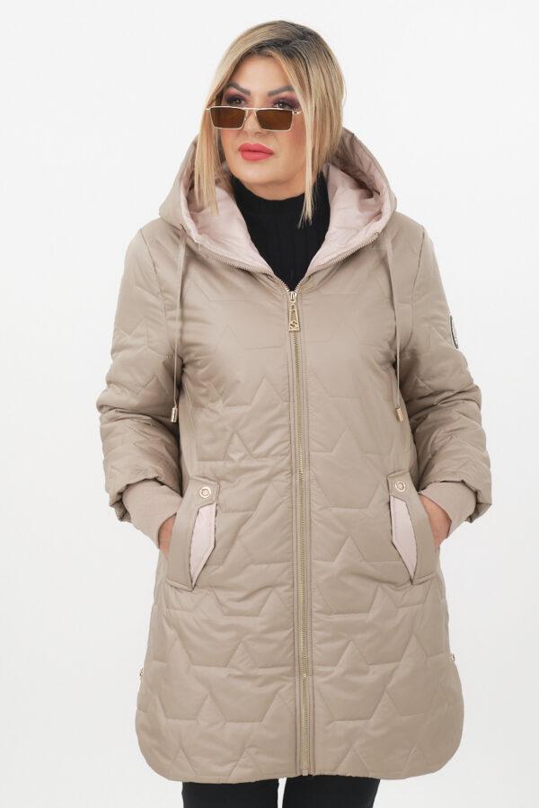 Dłuższa kurtka przejściowa damska beżowa z zamkami po bokach