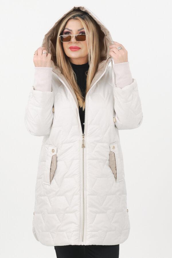 Dłuższa kurtka przejściowa damska kremowa z zamkami po bokach