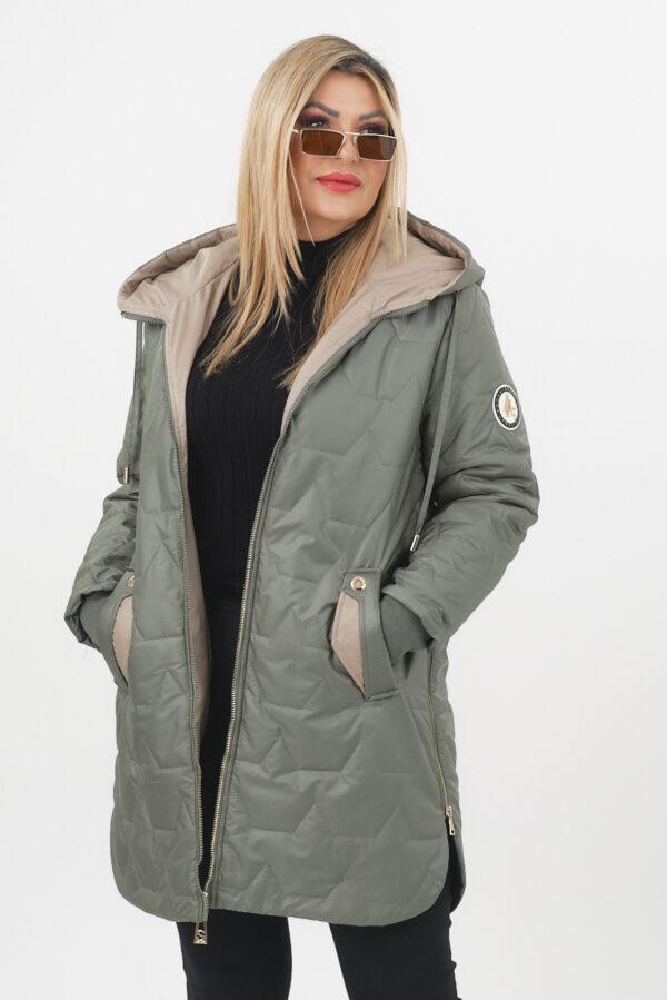 Dłuższa kurtka przejściowa damska zielona z zamkami po bokach