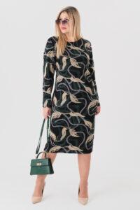 Dopasowana sukienka z marszczeniem zielono-beżowa