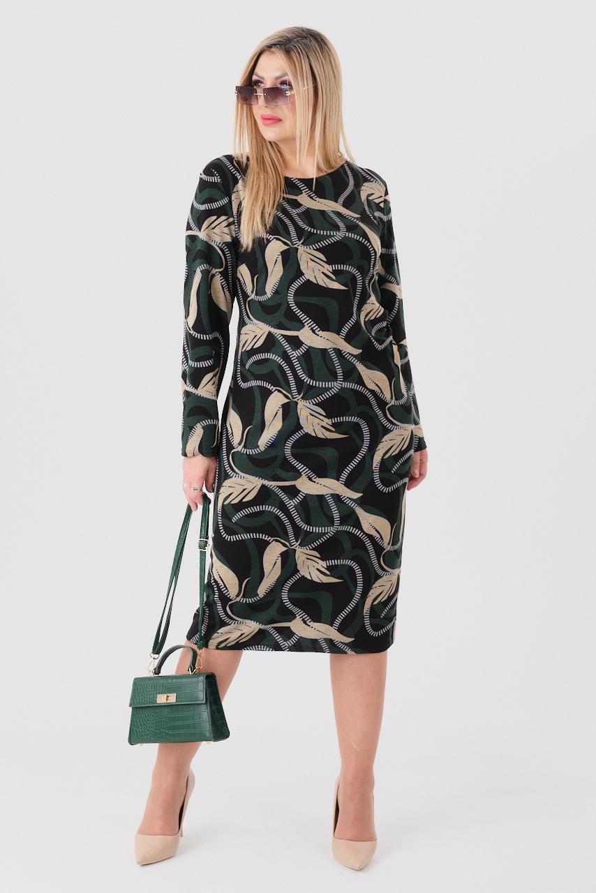 Dopasowana sukienka z marszczeniem zielono-beżowa
