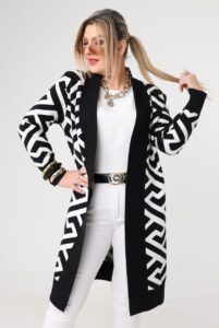 Długi damski kardigan czarno-biały