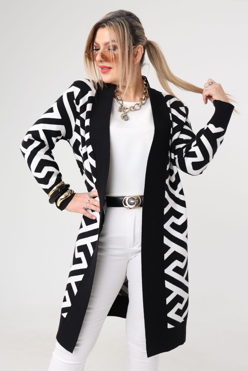 Długi damski kardigan czarno-biały