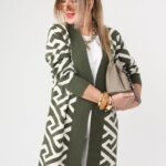 Długi damski kardigan zielono-biały