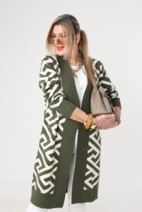 Długi damski kardigan zielono-biały