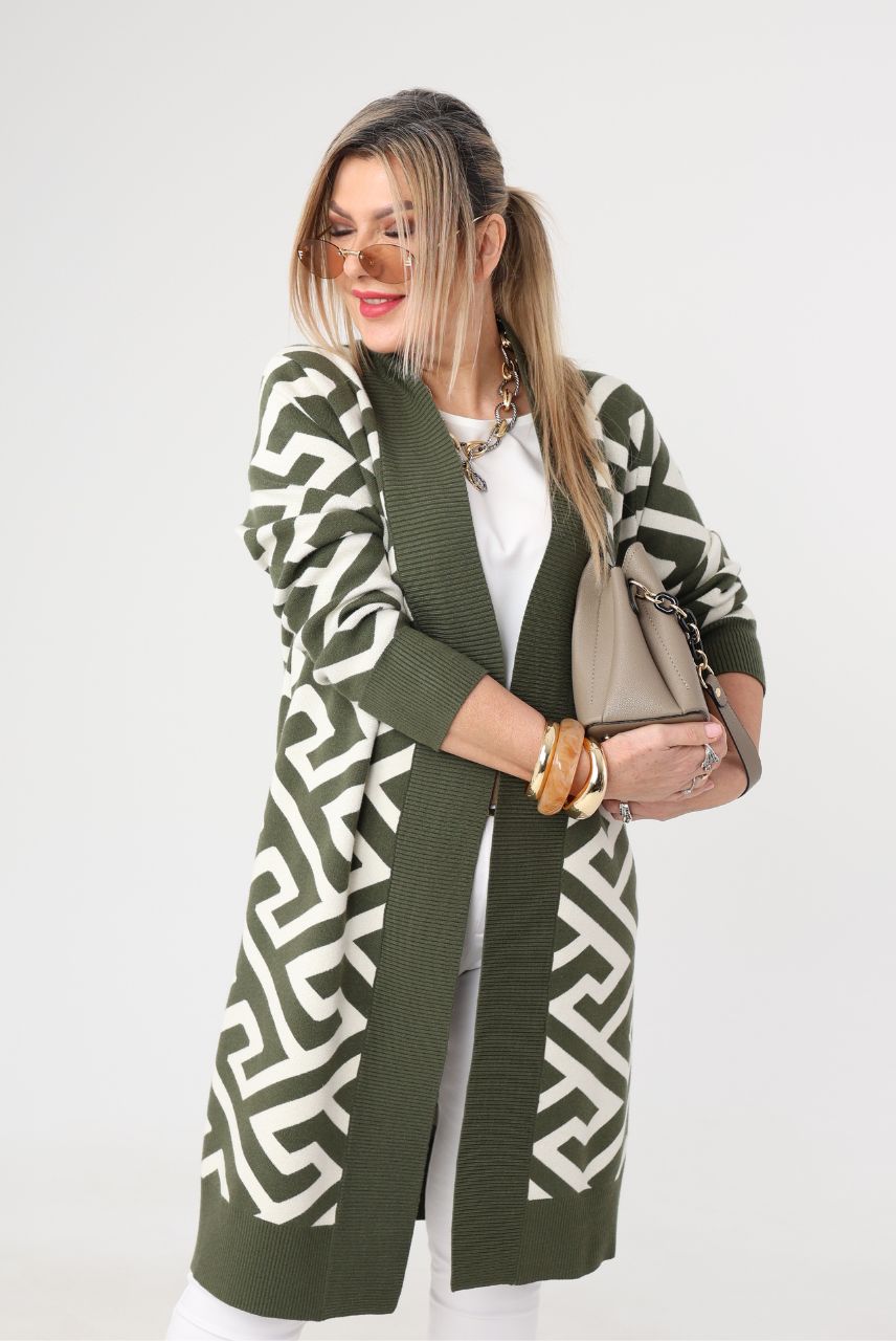 Długi damski kardigan zielono-biały