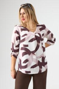 Elegancka bluzka w serek biało-brązowa