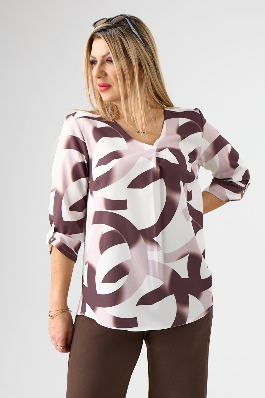 Elegancka bluzka w serek biało-brązowa