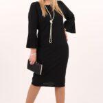 Sukienka koktajlowa midi plus size czarna w rozmiarach 44-54 z plisowanymi rękawami, elegancka sukienka dla puszystych, sukienka XXL