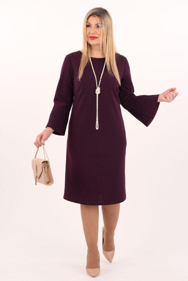 Sukienka koktajlowa midi plus size fioletowa w rozmiarach 44-54 z plisowanymi rękawami, elegancka sukienka dla puszystych, sukienka XXL