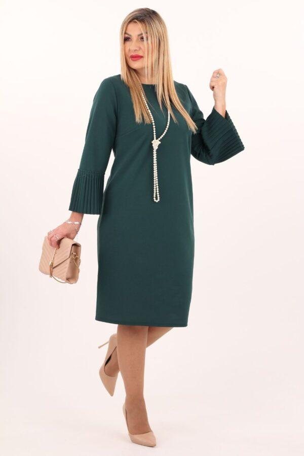 Sukienka koktajlowa midi plus size zielona w rozmiarach 44-54 z plisowanymi rękawami, elegancka sukienka dla puszystych, sukienka XXL