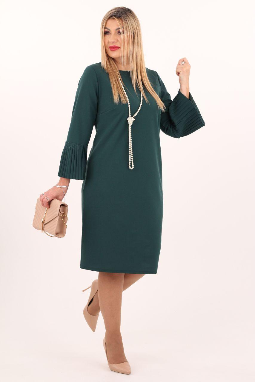 Sukienka koktajlowa midi plus size zielona w rozmiarach 44-54 z plisowanymi rękawami, elegancka sukienka dla puszystych, sukienka XXL