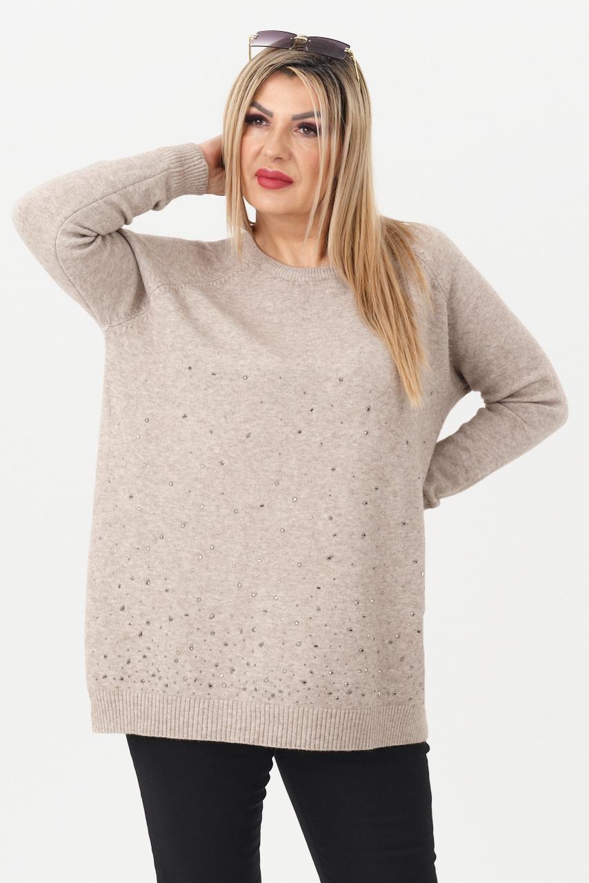 Sweter damski z cyrkoniami beżowy