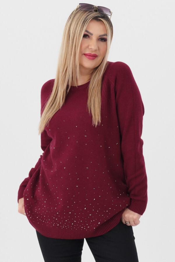 Sweter damski z cyrkoniami bordowy