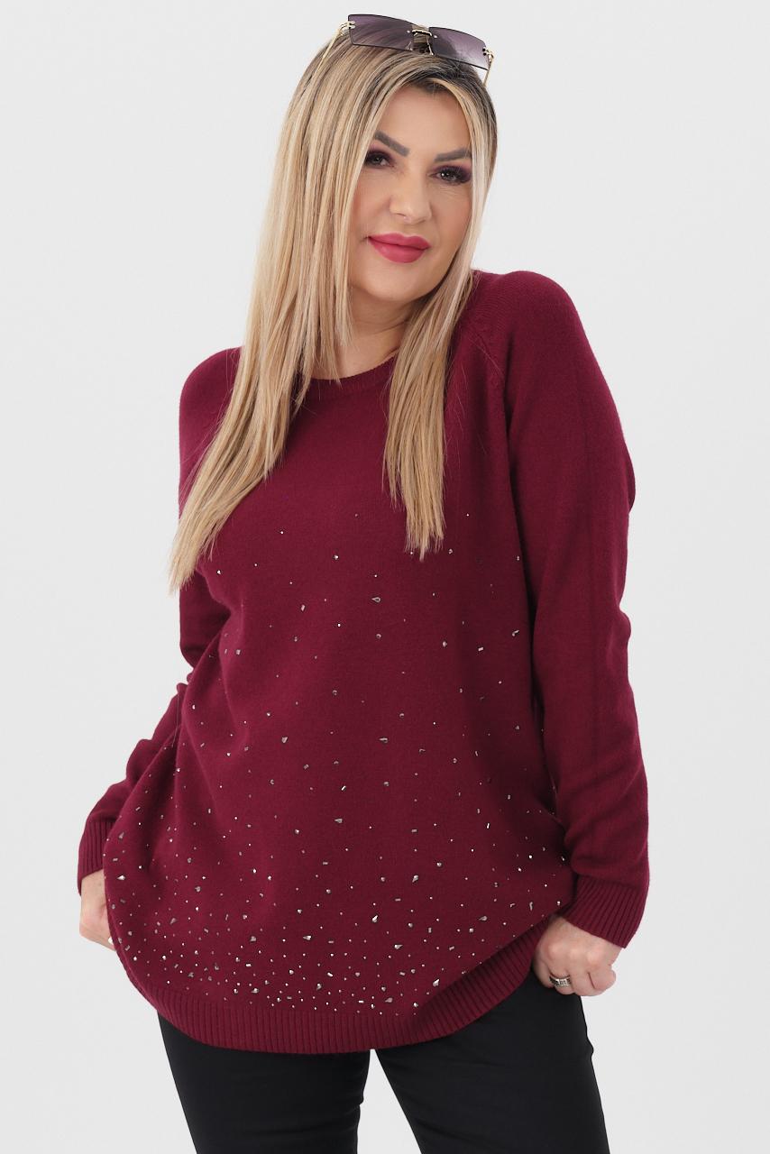 Sweter damski z cyrkoniami bordowy