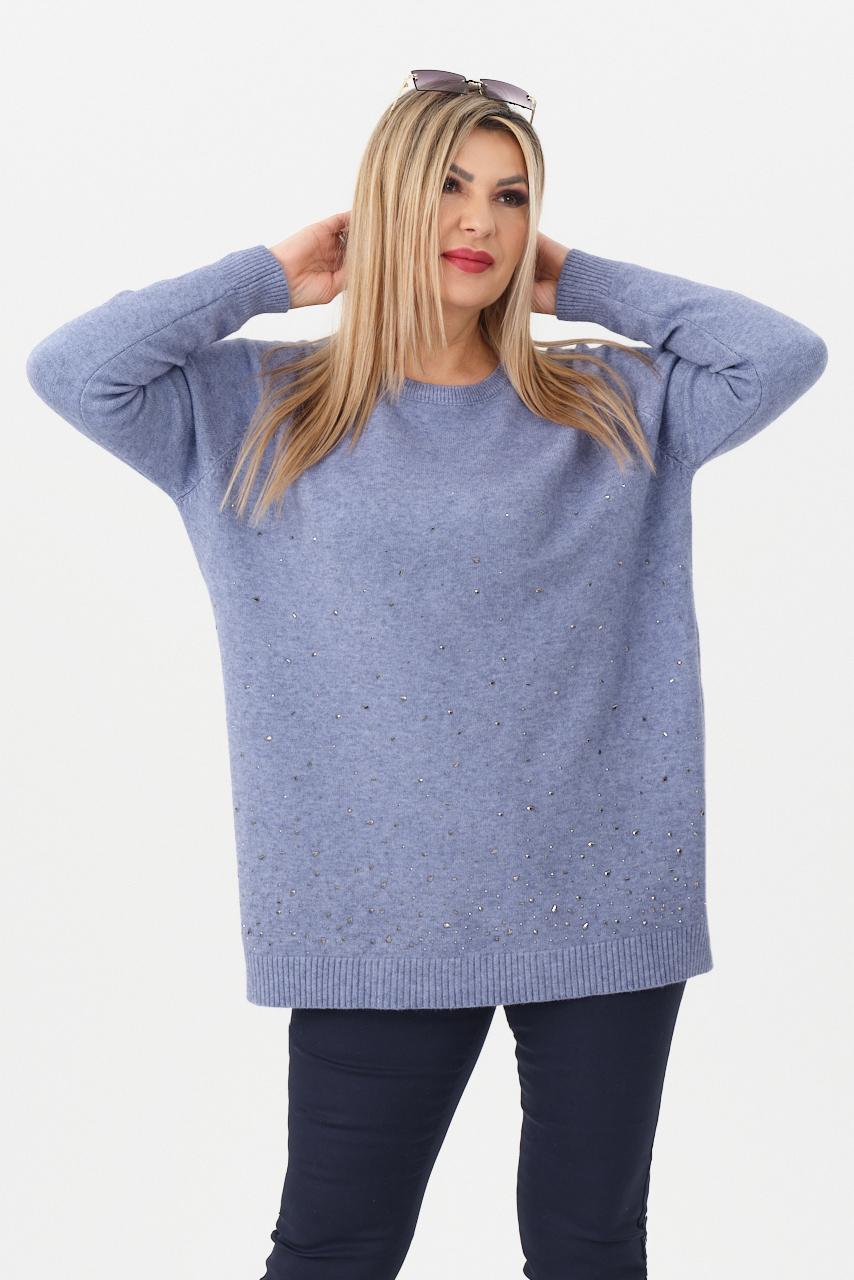 Sweter damski z cyrkoniami jeansowy