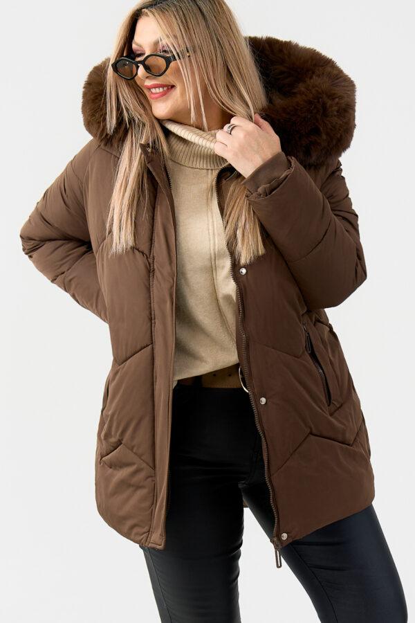 Brązowa kurtka zimowa damska PLUS SIZE z futerkiem 42-52