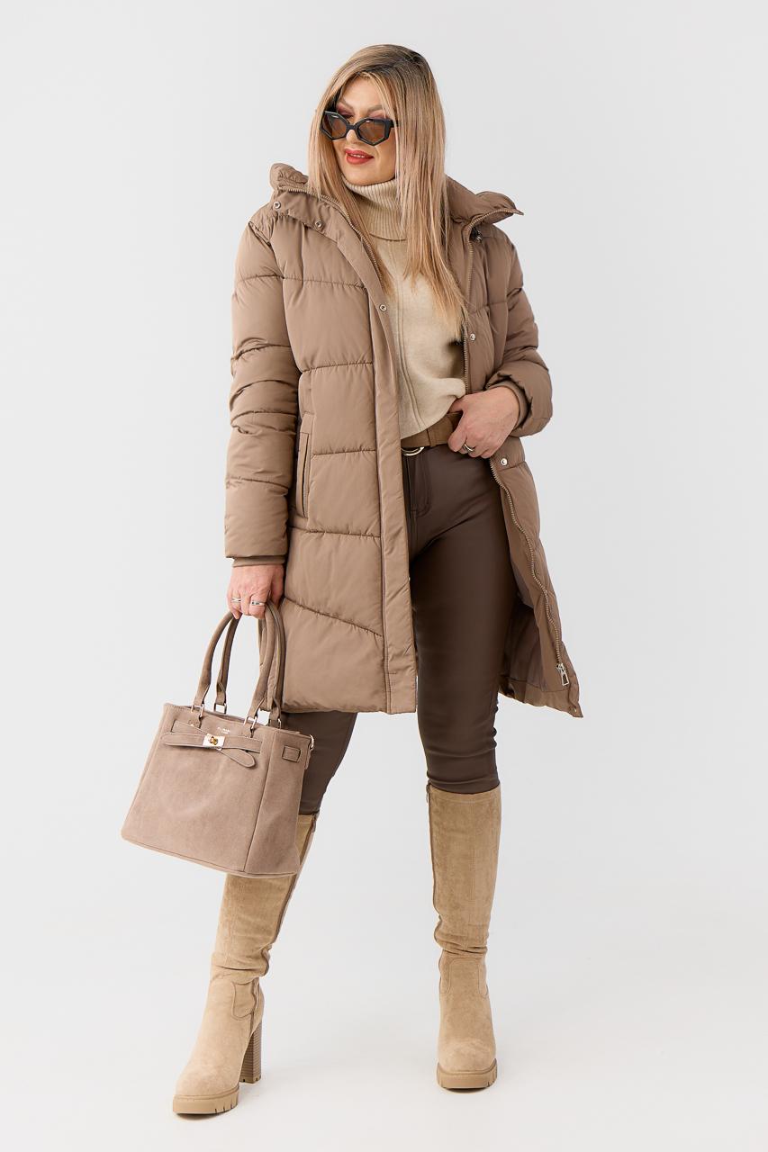 Długa kurtka zimowa PLUS SIZE brązowa 42-52