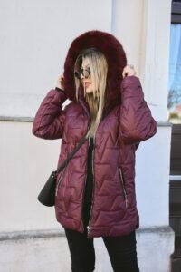 Pikowana kurtka zimowa dla puszystych kobiet bordowa XXL