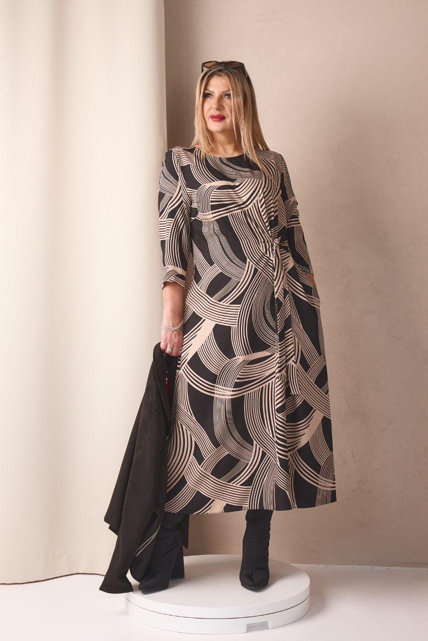 Beżowa sukienka rozkloszowana plus size do pracy, sukienka luźna duży rozmiar 44-52 dla puszystych