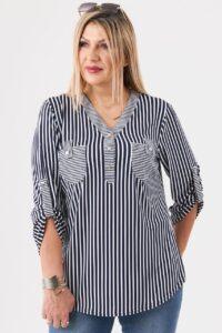 Bluzka damska XXL biało-granatowa w paski – moda dla puszystych