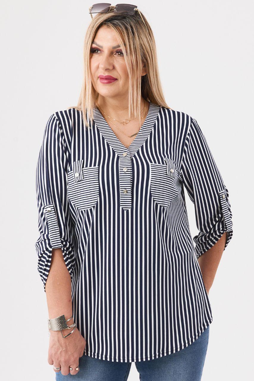 Bluzka damska XXL biało-granatowa w paski – moda dla puszystych