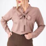 Elegancka brązowa bluzka plus size dla puszystych kobiet, rozmiary 44–54