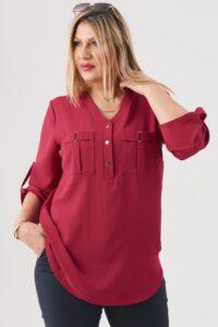 Bordowa bluzka plus size z dekoltem dla puszystych kobiet, rozmiary 40–50